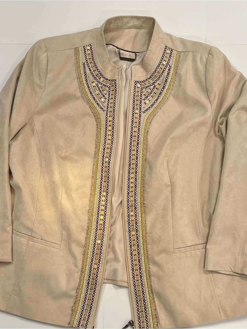 TanJay Embellished Faux Suede Zip Front Jacket - Plus Size 22W
